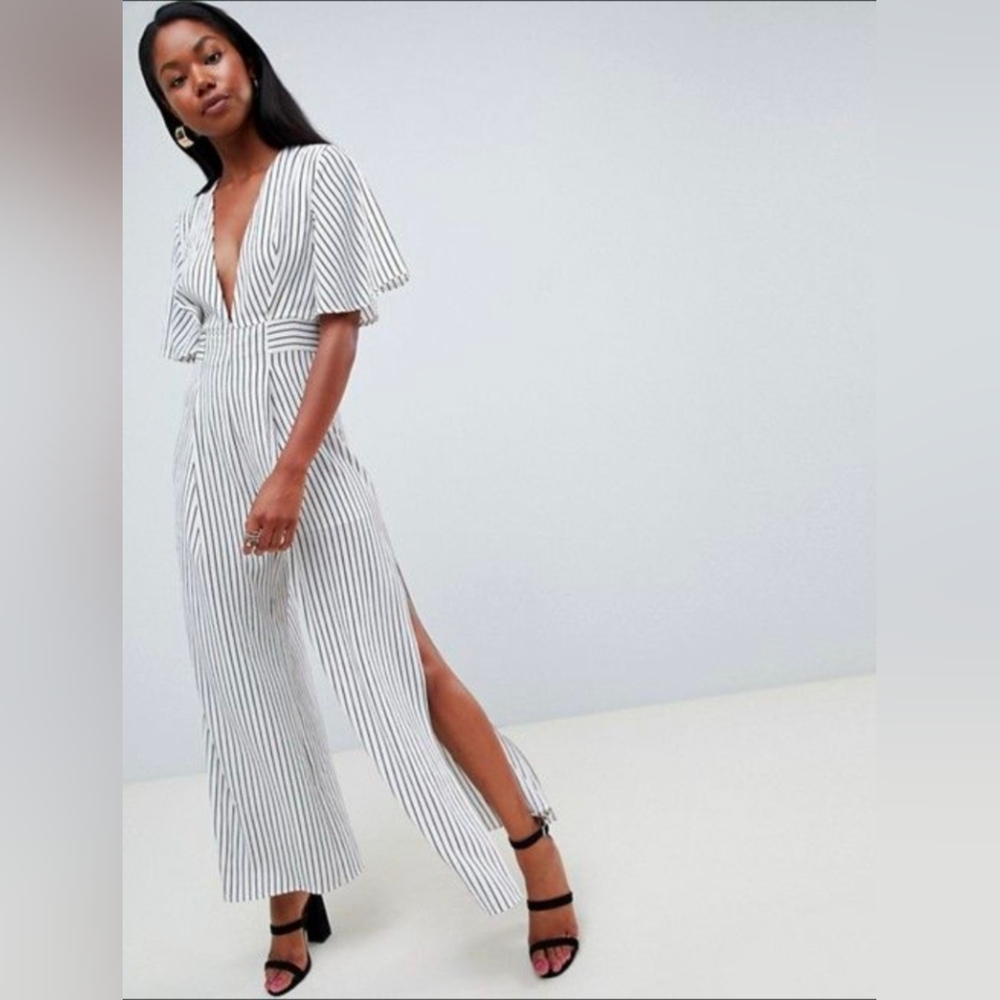 Parallel Lines Plunge Front Jumpsuit Wide Leg Splits In White Black Stripe M